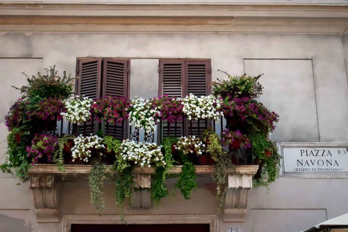 Foto Balkon Gebäude in Rom Italien mit bunten Blumen auf dem Navona Platz